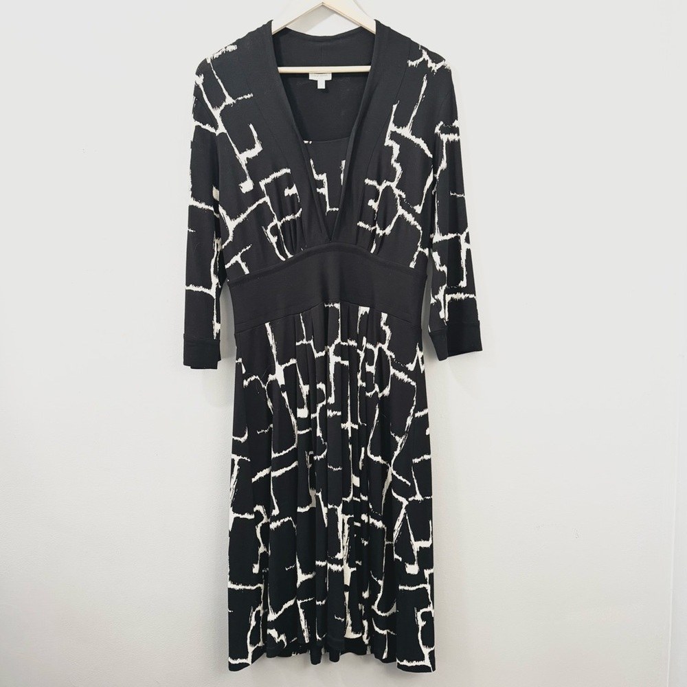 Women’s Talbots Black Midi Dress Size Medium Geometric Pattern 3/4 Sleeve